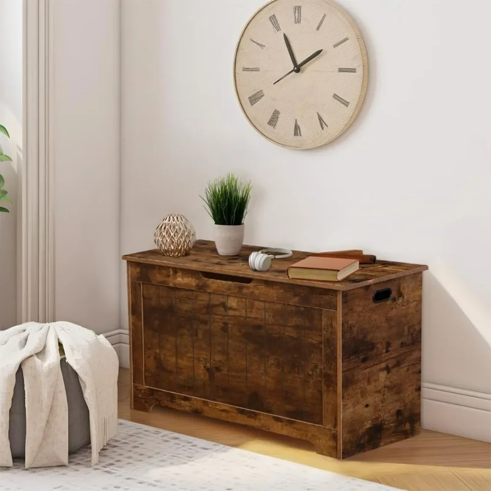 Wooden Storage Chest with Safety Hinges-30-Inch Bedroom and Entryway Storage Bench, Farmhouse Style Wooden Toy Box for Kids