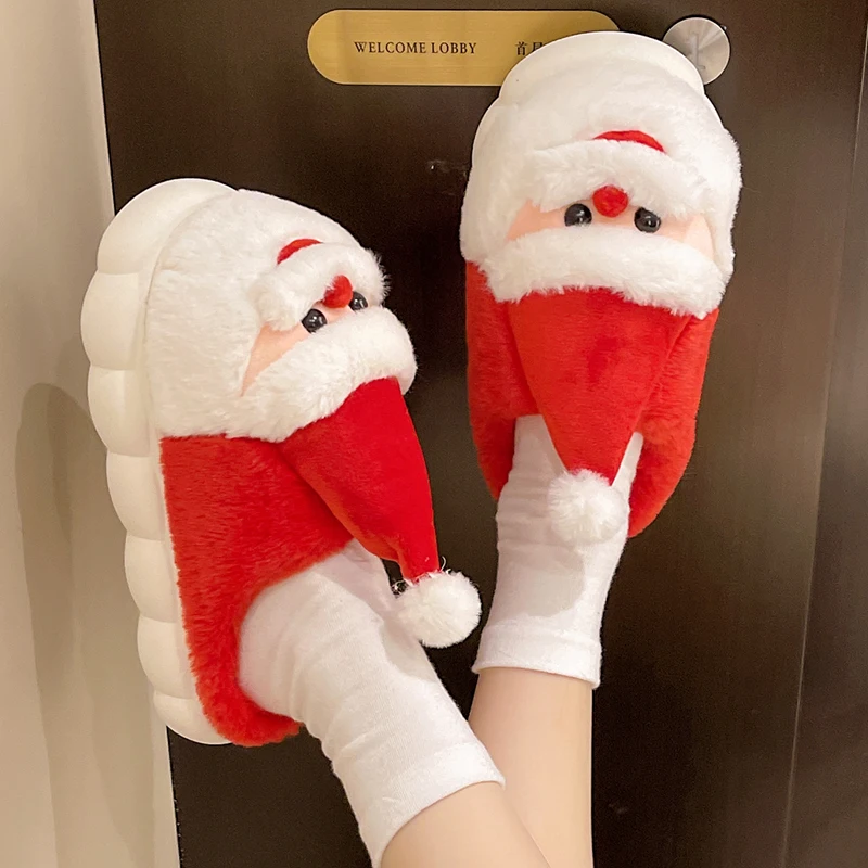 Thick Sole Fluffy Christmas Slippers Women Autumn Winter Thicken Plush Warm Cotton Slippers Woman Anti Slip Home Plush Slides