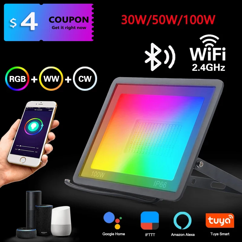 LED Flood Light,LED Spotlight,30W 50W 100W Spotlight IP66 Smart Floodlights Led Garden Stage WiFi Smart APP RGB Color Warm Cool light Work Alexa Google TUYA