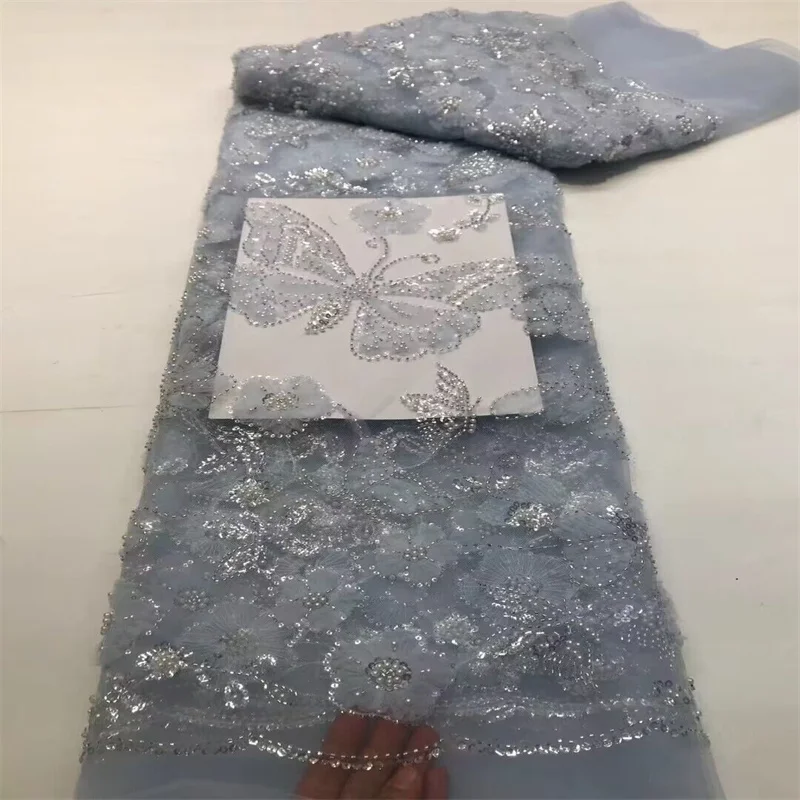 

2024 Luxury African Lace Fabric High Quality 5 Yards Sequences French 3D Tulle Embroidered Bead Lace Fabrics For Sew Party Dress