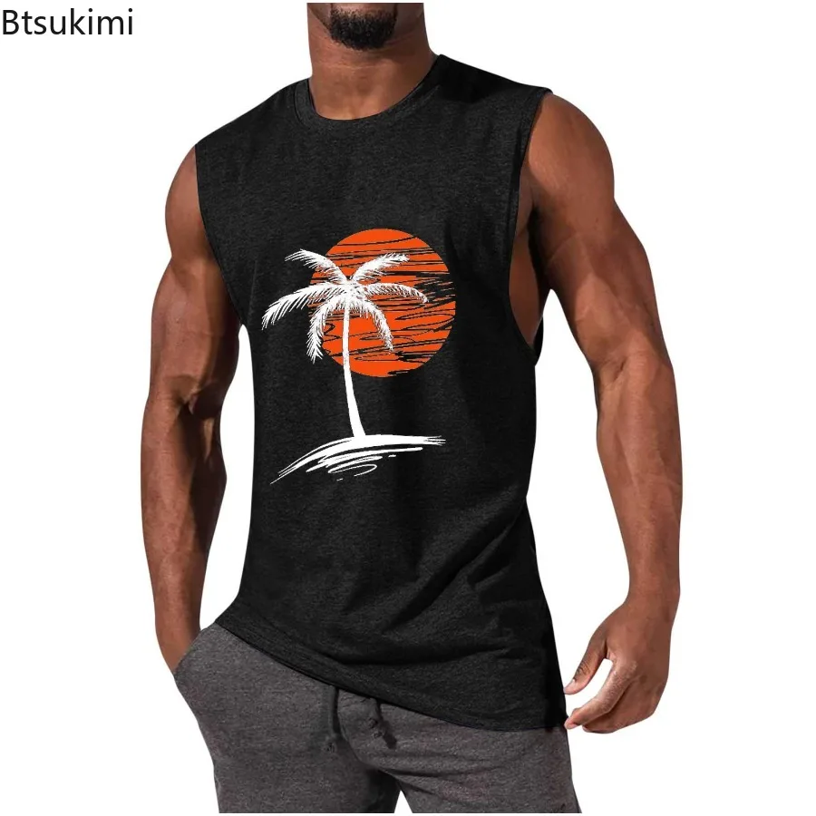

2024 New Men's Summer Coconut Tree Pattern Printed Casual Vest Fashion O-neck Loose Sleeveless T-shirt Men Sport Beach Tank Tops