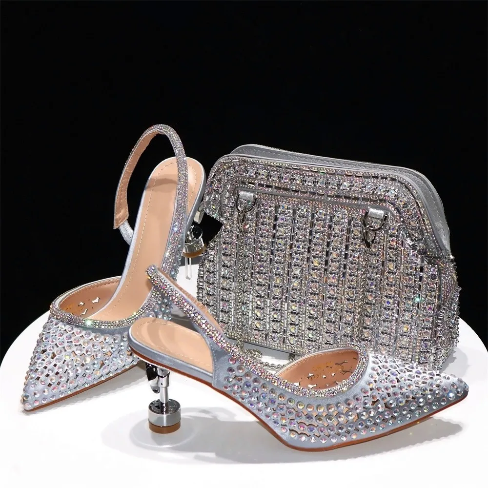 

Nigerian Summer Woman Pumps Shoes And Matching Bag Set For Wedding High Quality African PU With Crystal Party Shoes And Bag Set