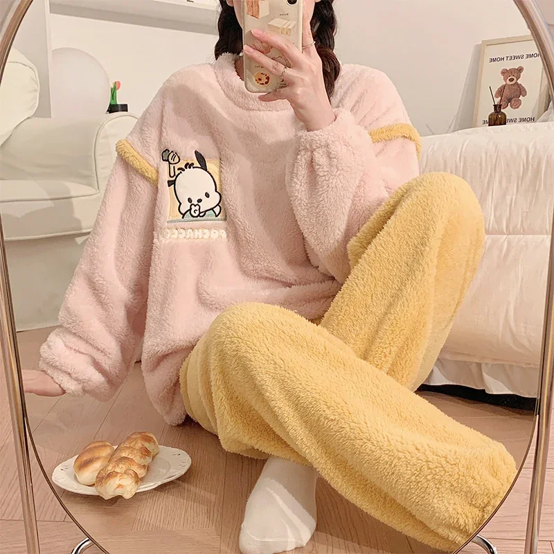 

Kawaii Sanrio пижамный комплект понравились длинные брюки с длинным рукавом Женские зимние фланелевые пижамы с мультяшным рисунком