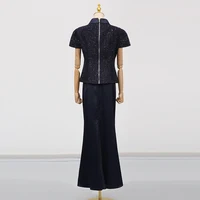 VGH Chic deux pièces ensembles pour femmes col montant manches courtes épissé poche Tweed haut taille haute jupes Maxi costume Vintage femme 6
