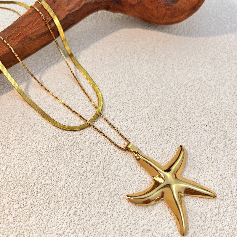 Retro Multiple Styles Starfish Pendants Polished Metal Butterfly PVD Hypoallergenic Snake Chain Textured Big Star Collar Jewelry