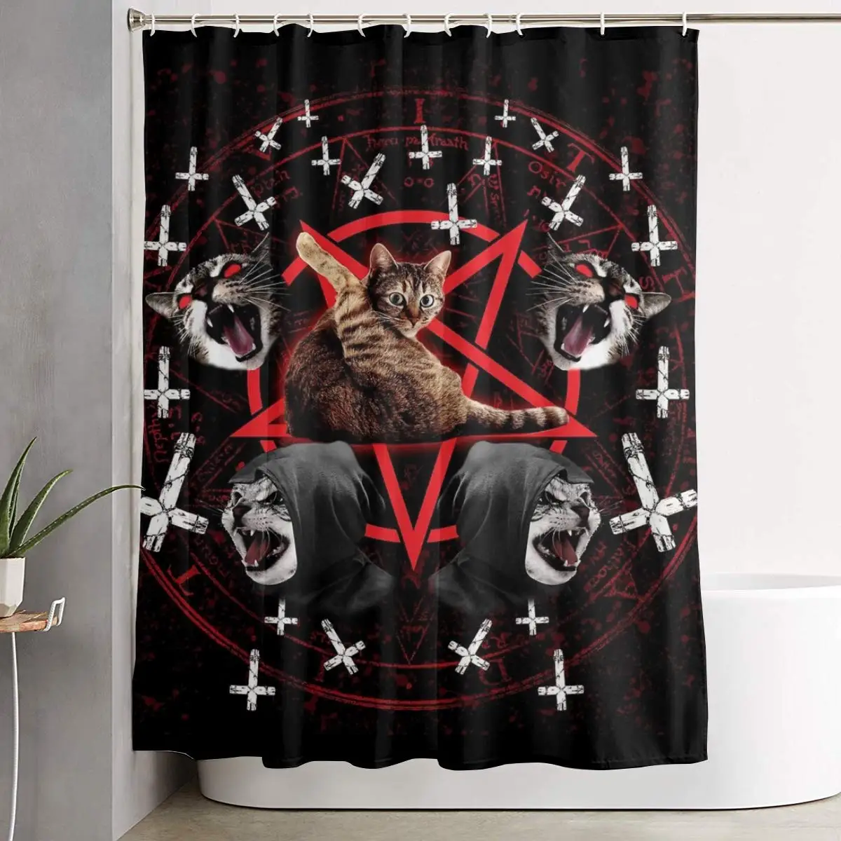 Shower Curtains Satanic Cat Pentagram Black Metal Waterproof Polyester Shower Curtains with 12 Hooks