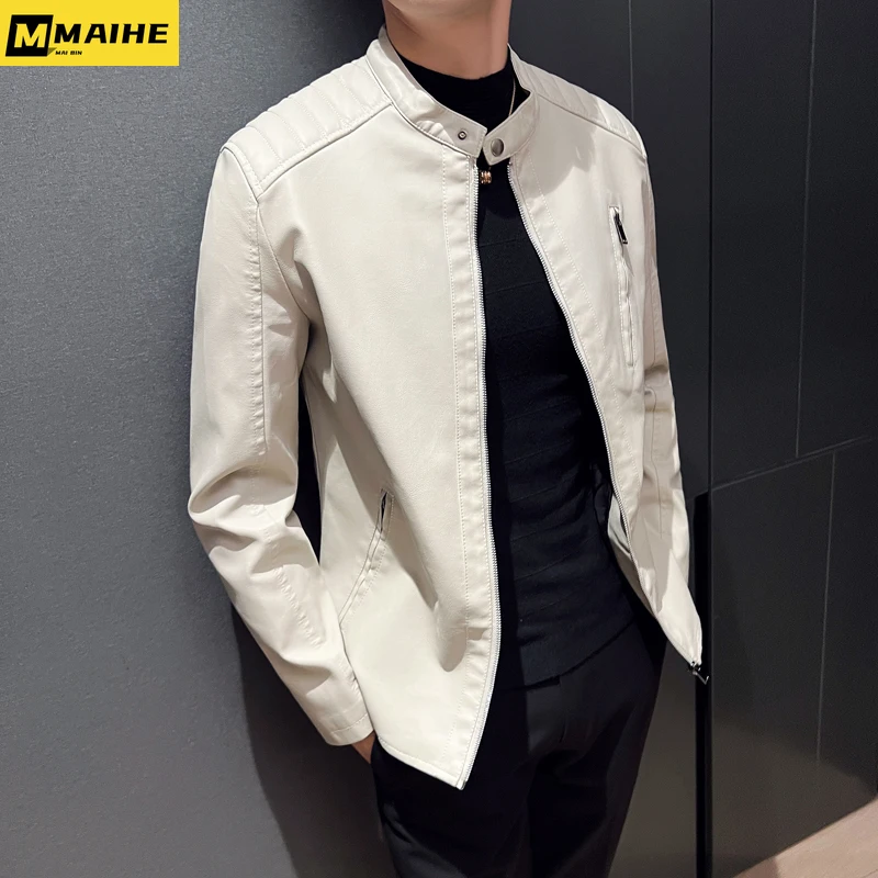 Mens White Leather Jackets Fashion Trend Simple Personality Men's Autumn Spring PU Leather Jackets Winter Slim Windbreaker Mens