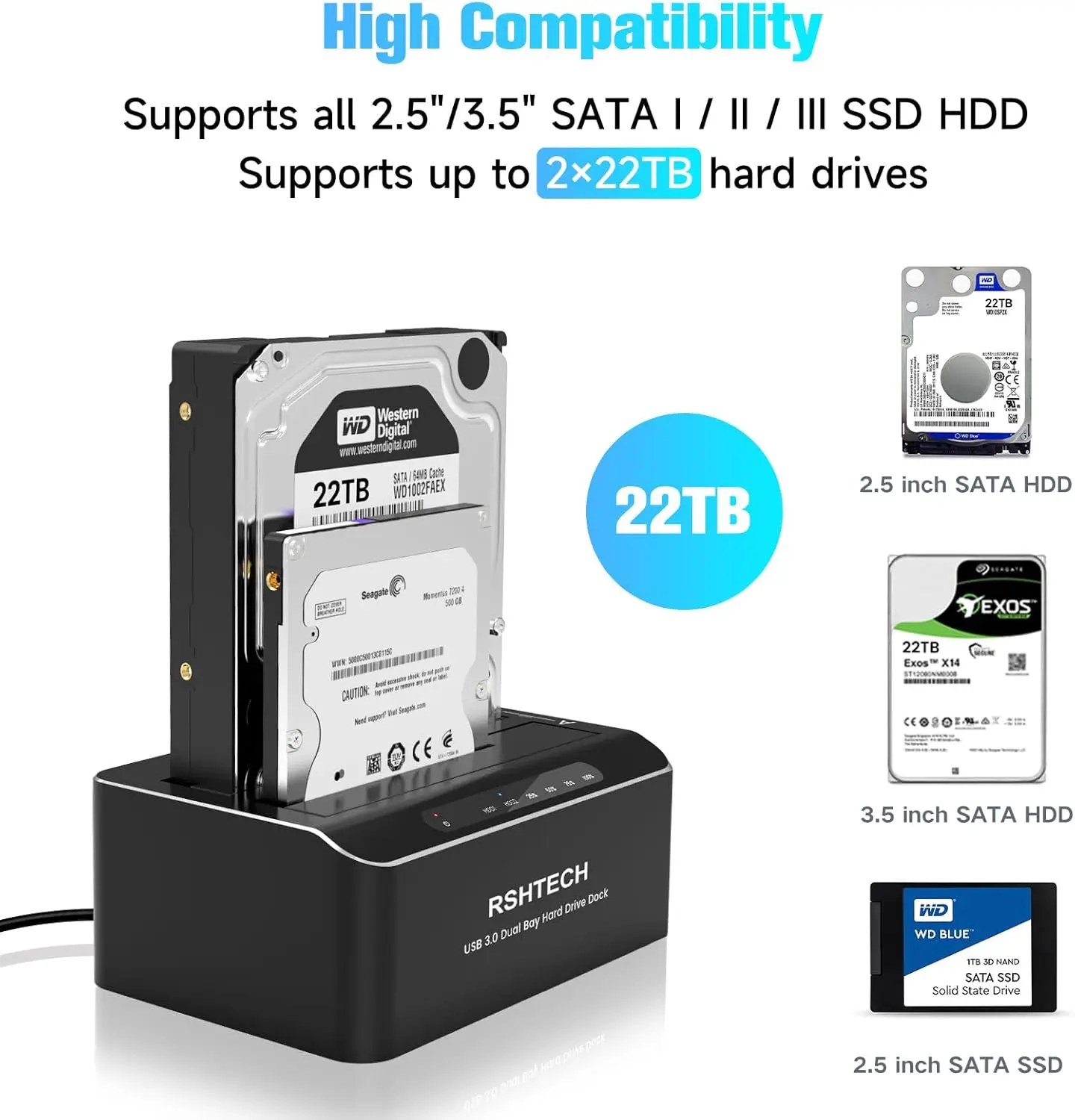 Hard Drive Docking Station Dual Bay Aluminum External 2.5 & 3.5 inch SATA HDD/SSD Enclosure