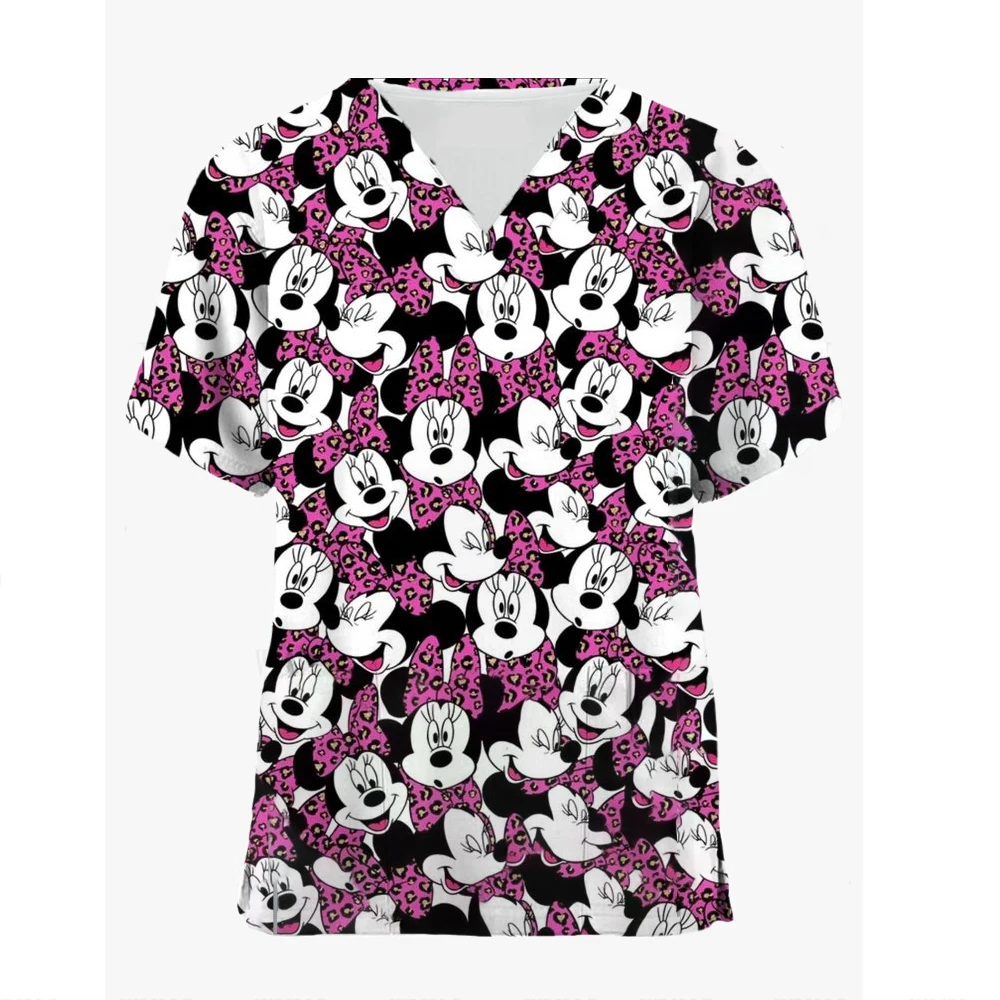 thumbnail image 1 of Uniforme médico de manga corta con cuello en V y estampado de Mickey Minnie de Disney para mujer, camiseta de uniforme de enfermera de trabajo con dibujos animados, vestido de enfermería, 1 of 5