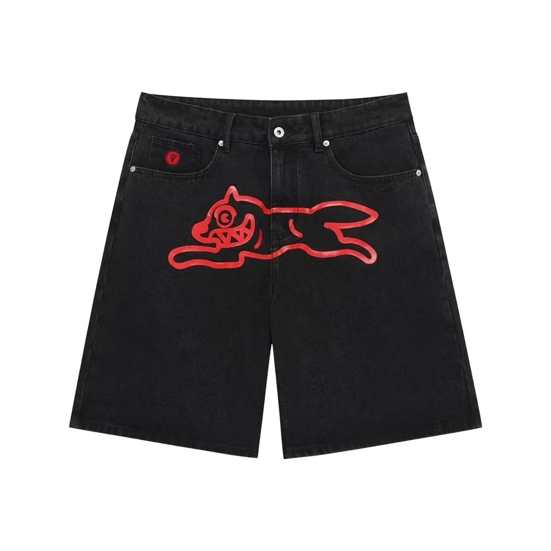 Denim Shorts Graphic Printed Fly Dog Hip Hop Mens Wide Leg Baggy Y2k Streetwear Knee Length