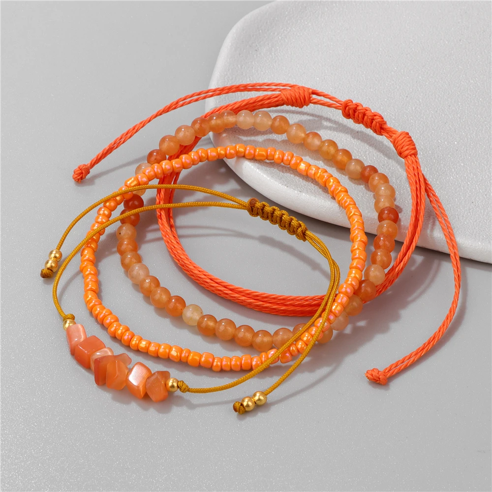 4 Pz/Set Perline Di Avventurina Arancione Bracciali In Corda Intrecciata Bracciali Con Chip Di Perline Di Riso Bracciali Intrecciati Regolabili Regali