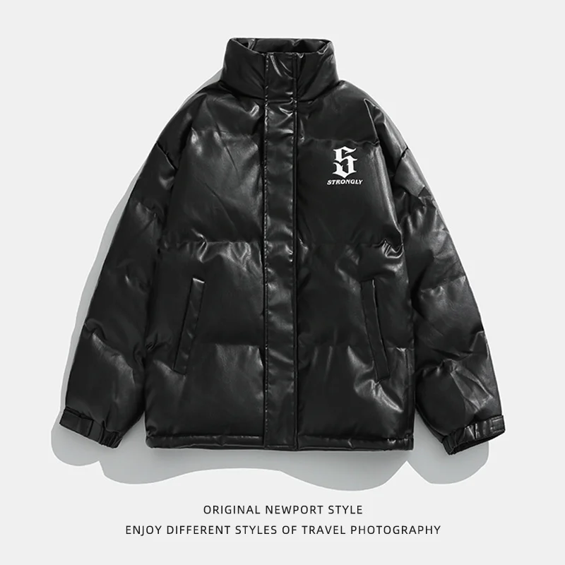 Men's Fashion Brand PU Leather Cotton Padded Jacket Coat Women 2022 Winter New Style Couple American Printed Cotton Coat Women