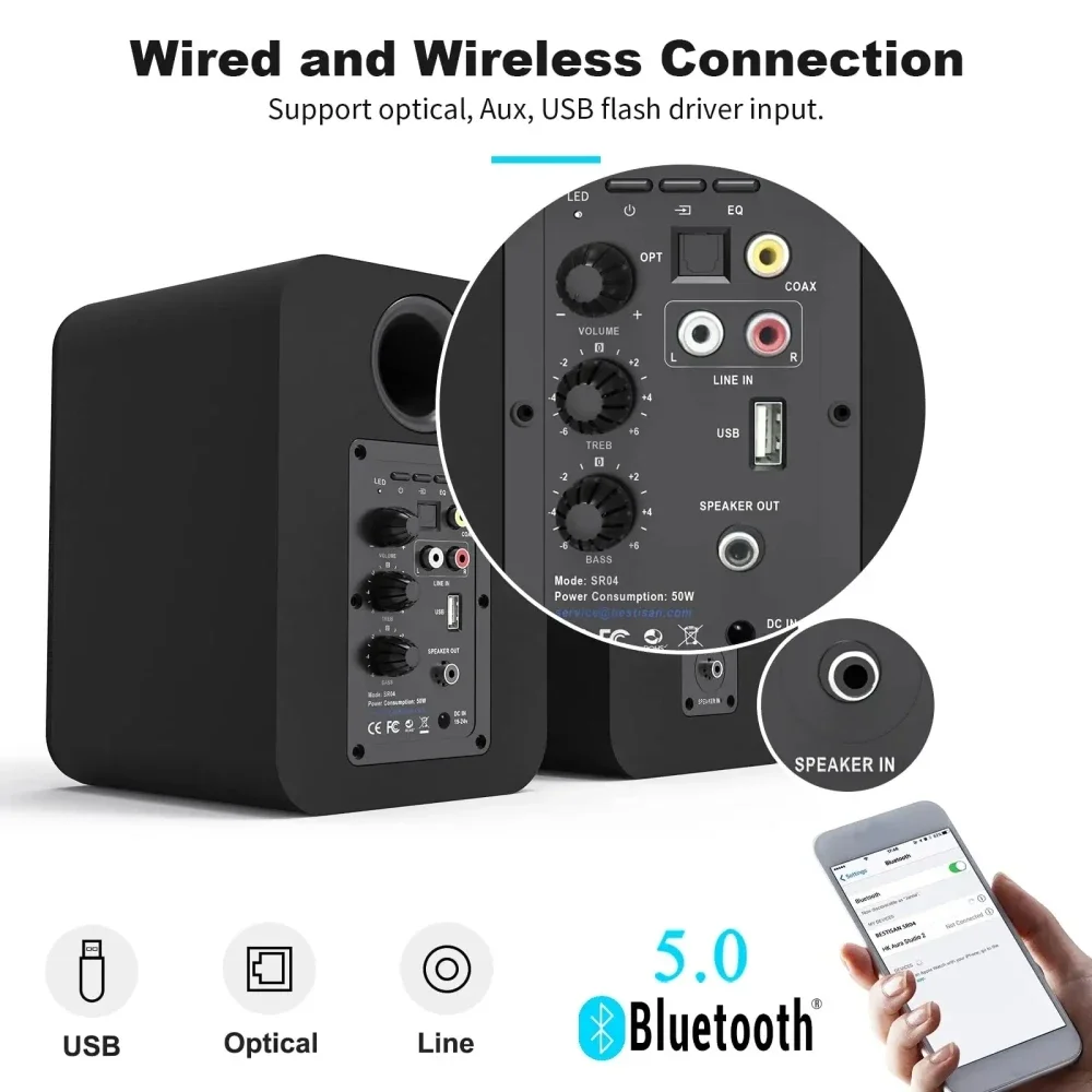 BESTISAN SR04 Active Bluetooth Speaker 80W 2.0 HiFi Home Theater Sound System For TV PC Subwoofer RCA/coaxial/optical /USB Input