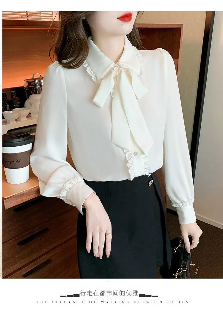 Bow Tie White Chiffon Shirt 2022 Spring Summer Korean Fashion Blouse Lace Elegant Long Sleeve Shirt for Female Casual Clothing