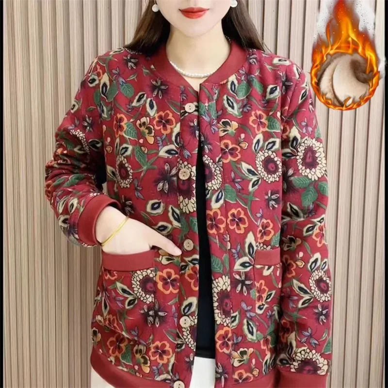 2024 Winter Vintage Art Fragmented Flower Plush Coat for Women's Loose and Slim Single breasted Thickened Print for Warm Outwear