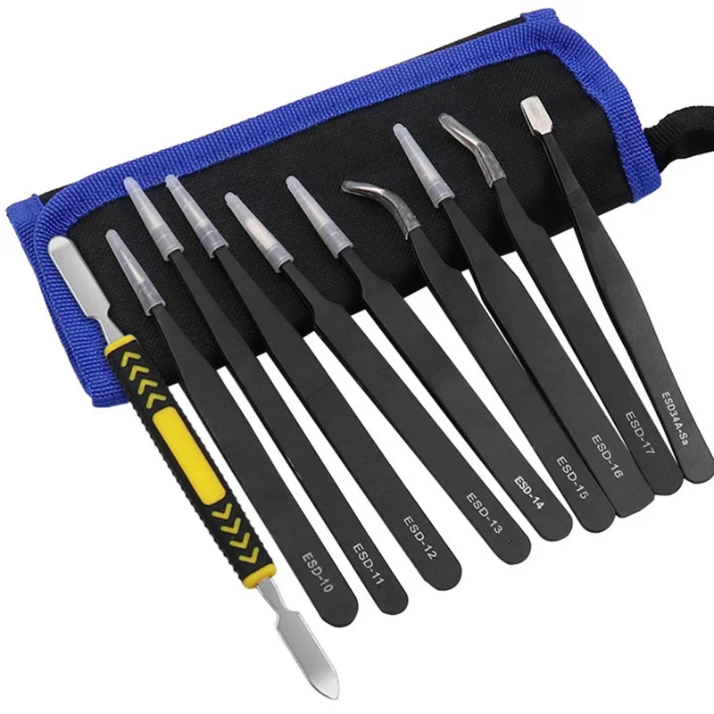 ESD Anti-Static Stainless Steel Tweezers Precision Set 10pcs Mobile screen separation pry knife For Electronic Phone Repair Tool