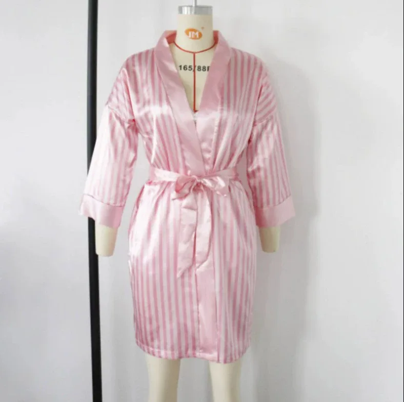 Women's Sexy Lingerie Robe Pink Striped Satin Short Nightwear Bathrobe Sleepwear Homewear Bridesmaid For Ladies Pajama party