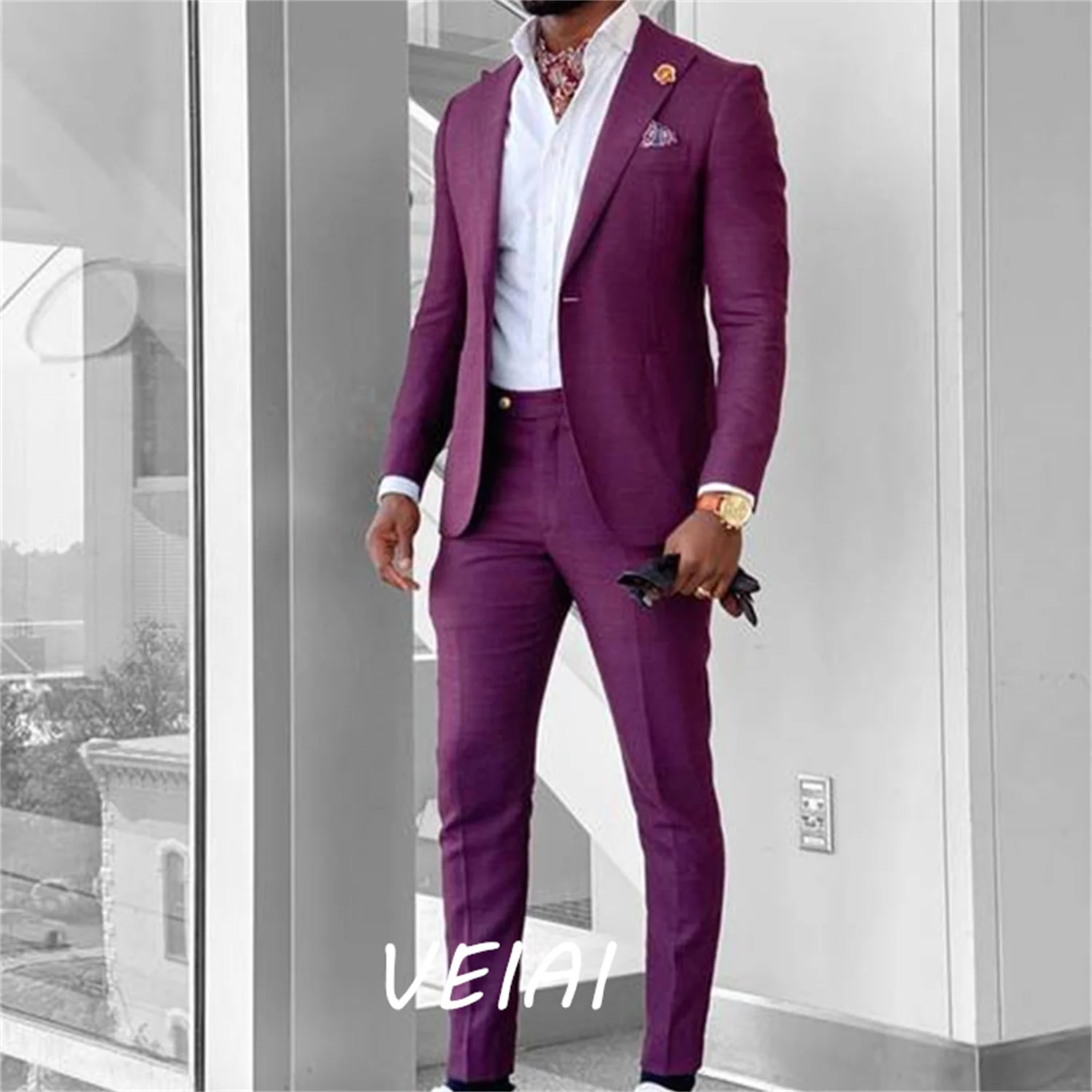 

2 Pieces Slim Fit Men's Suit Peak Lapel Tuxedos Groom Wedding Suits Black Purple Blazer Business Formal Classic Costume Homme