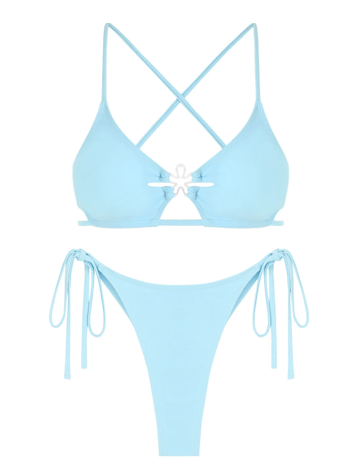 

Женский однотонный комплект бикини из двух предметов, бретельки-спагетти, перекрещивающиеся сзади, с цветочным рисунком и кольцами, с боковыми полосками