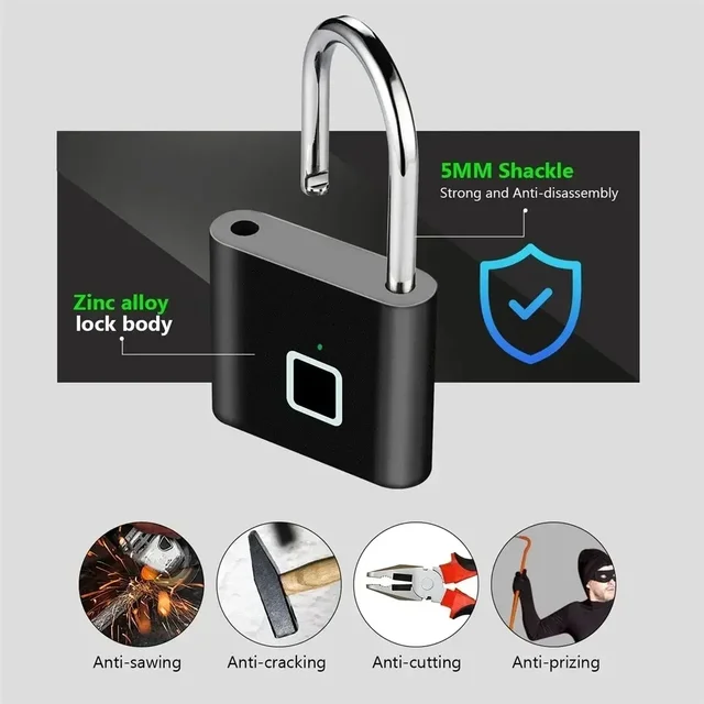 Keyless Smart USB Charging Fingerprint Lock Smart Padlock Waterproof Door Lock 0.3sec Unlock Portable Anti-theft Padlock Zinc 3