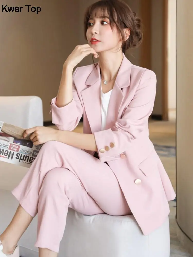 

Women Elegant Blazer 2 Piece Set Office Lady Formal Business Pantsuits Spring New Vintage Solid Workwear Female Casual Clothing