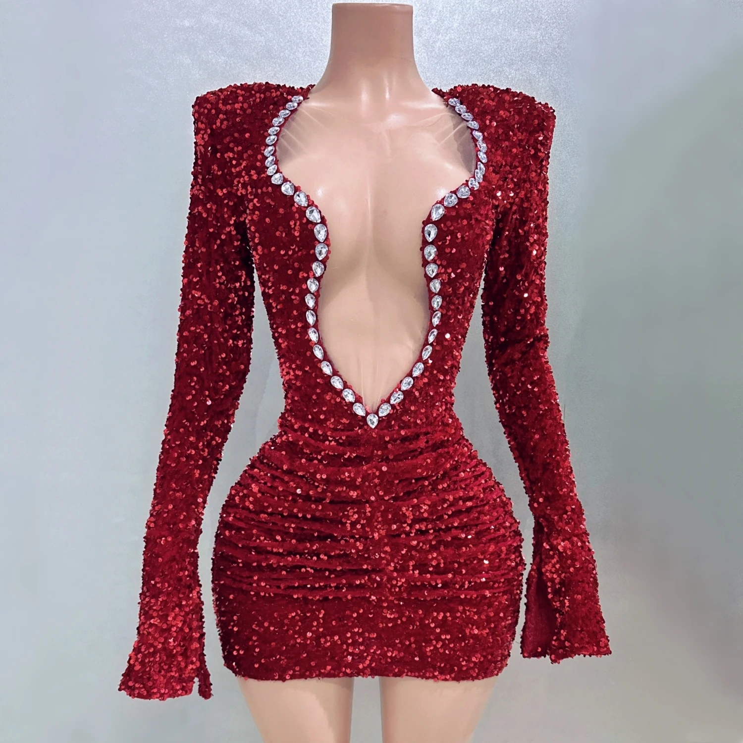 

Sexy See Through Sheath Mini Dress Red Sequins Rhinestones Nightclub Performance Custome Stage Wear Birthday Evening Party Dress