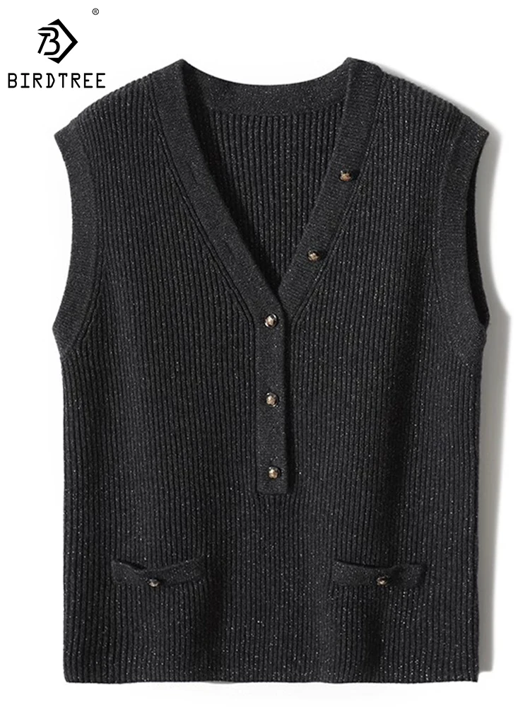 

Birdtree 90% Wool 10% Cashmere Retro Vest V Neck Comfortable Casual Versatile Commute Layering Knit Vest Fall Winter T30945QD