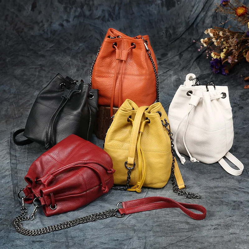Crossbody Shoulder Handbag Women's bag Mini Bucket Chain Genuine Leather Fashion Y2k Tote high-capacity Retro Versatile Hand
