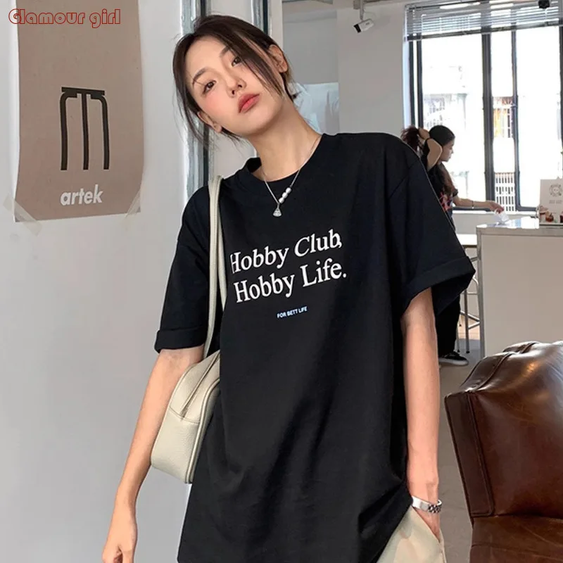 

Женская футболка с коротким рукавом 2023, свободная Корейская версия, в стиле Харадзюку, новая Студенческая футболка с буквенным принтом, Ins