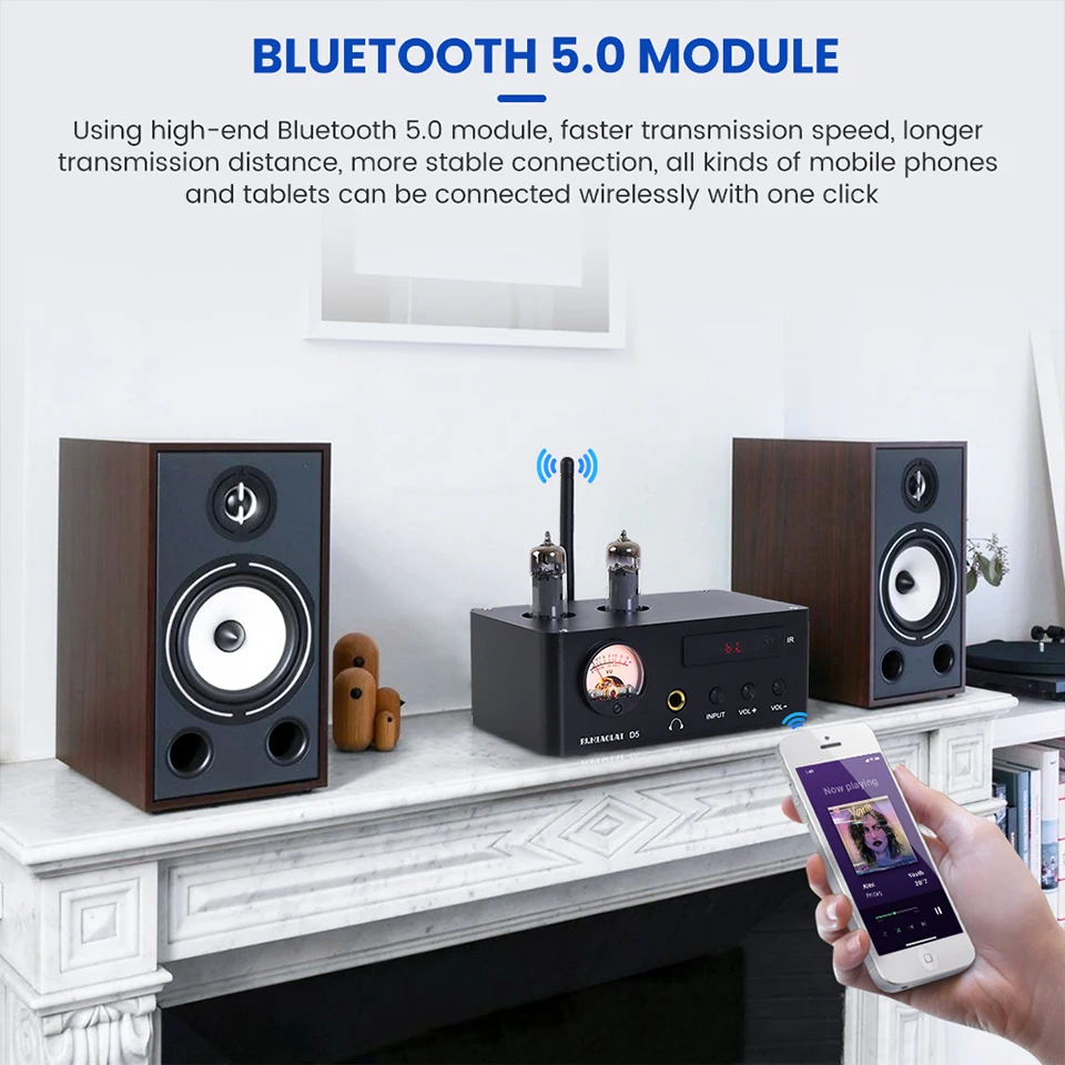 bluetooth amp PJ.MIAOLAI MA12070 Bluetooth 5.0 HiFi 6K4 Tube Power Amplifier Home Headphone Amplifier With VU Meter U Disk Playback  80W×2 5 channel amplifier