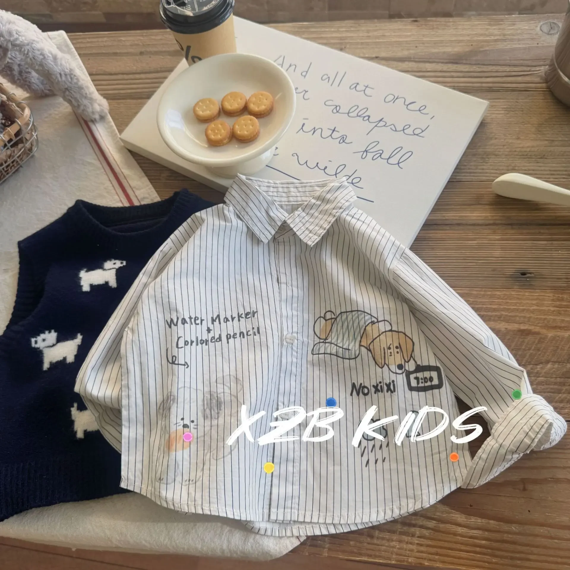 New Spring Cartoon Collar Shirt for Boys And Girls Stripe Pattern Toddler Kids Clothing Baby Clothes Children's Shirt
