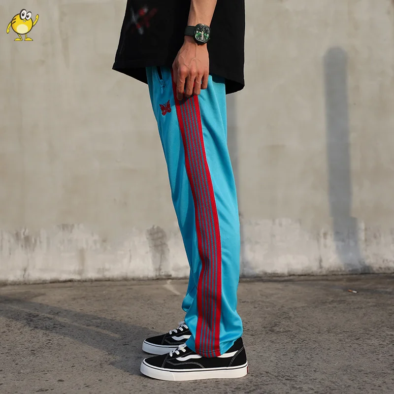 

Blue Straight Needles Sweatpants Red Butterfly Embroidery Webbing Striped Casual Trousers High Quality 1:1 Men Women's Pants