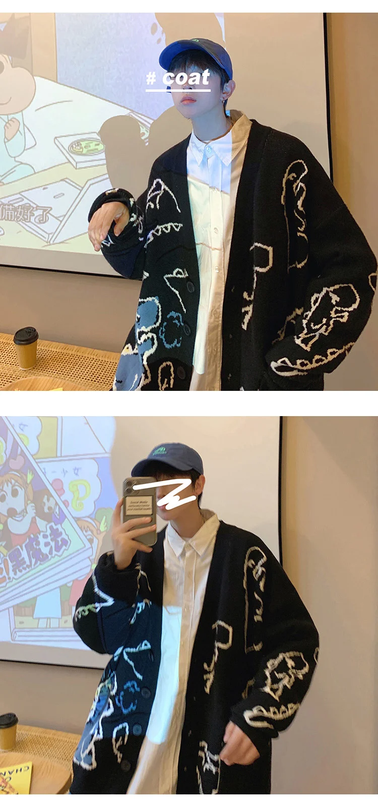 Autumn Oversize Cardigan Men Knitted Dinosaur Sweater Streetwear Loose Male Women Coat 2024 Doodle Hop Pattern Winter