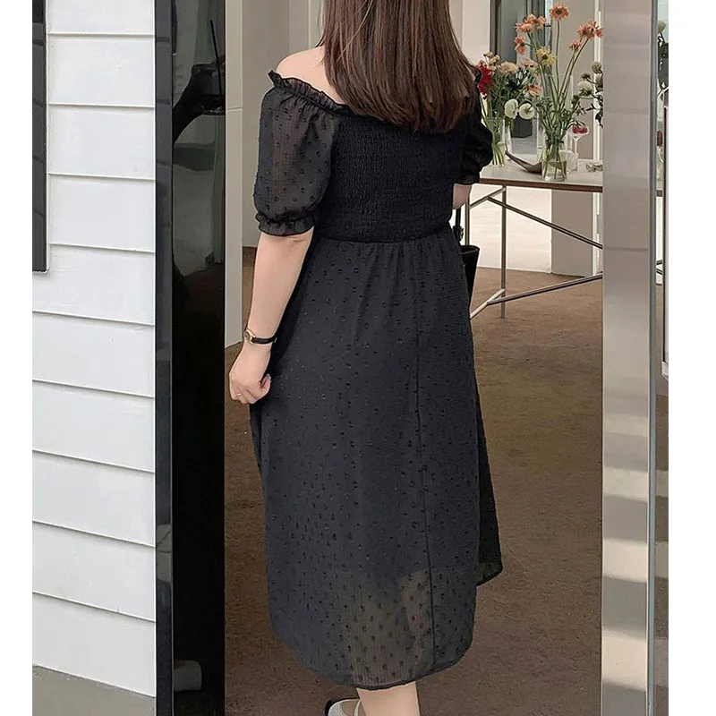 Plus Size Clothes Little Fresh and Sweet Square Collar Stringy Selvedge Solid Pleated Short Sleeve Bow Chiffon Princess Dress