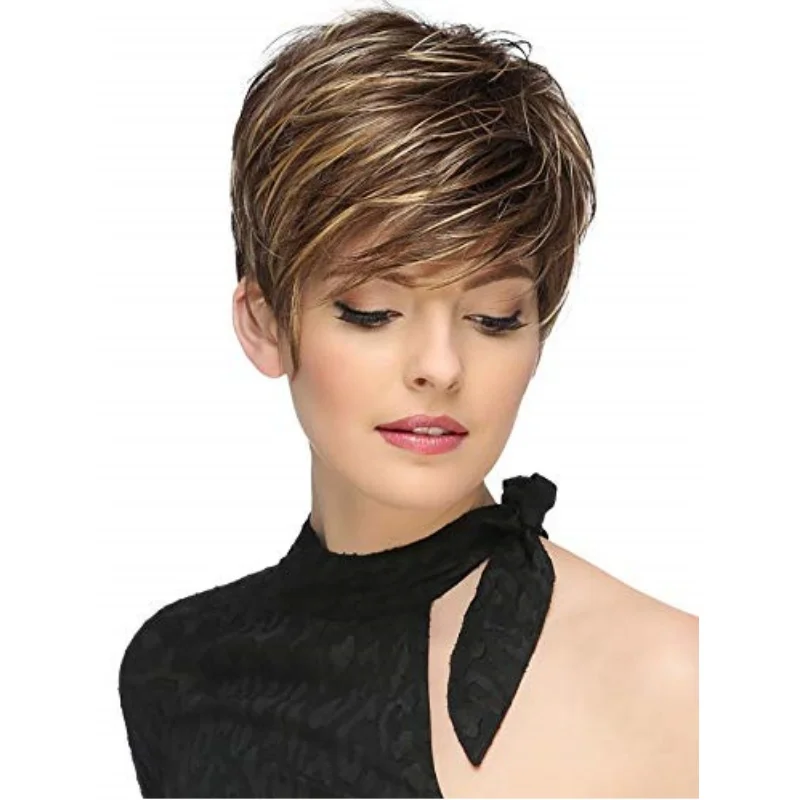 Short Bob Wig Short Mixed Brown Wig with Bangs Synthetic Wigs for Women Bob Hairstyle