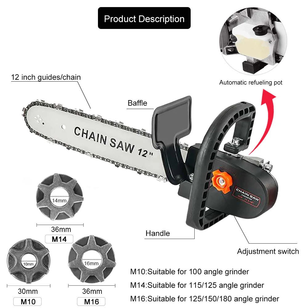 12-inch Electric Chain Saw Converter Bracket DIY Kit For 100/115/125/150/180mm Angle Grinder, M10-M14-M16 Home Woodworking Tools 4