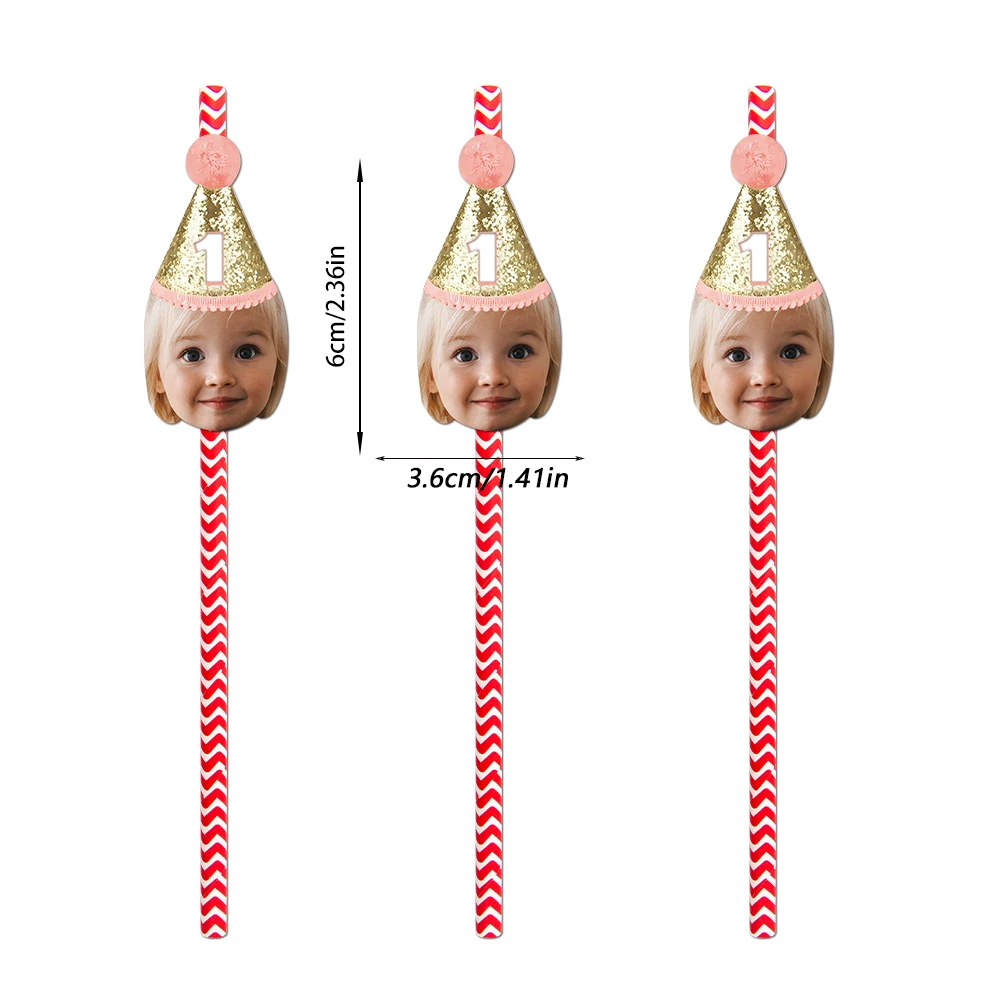 Benutzerdefinierte Geburtstagsfeier Gesicht Foto Geburtstag Hut Banner Cupcake Topper Aufkleber Strohhalme für Kinder 1. Geburtstag Partydekorationen – Detail 4