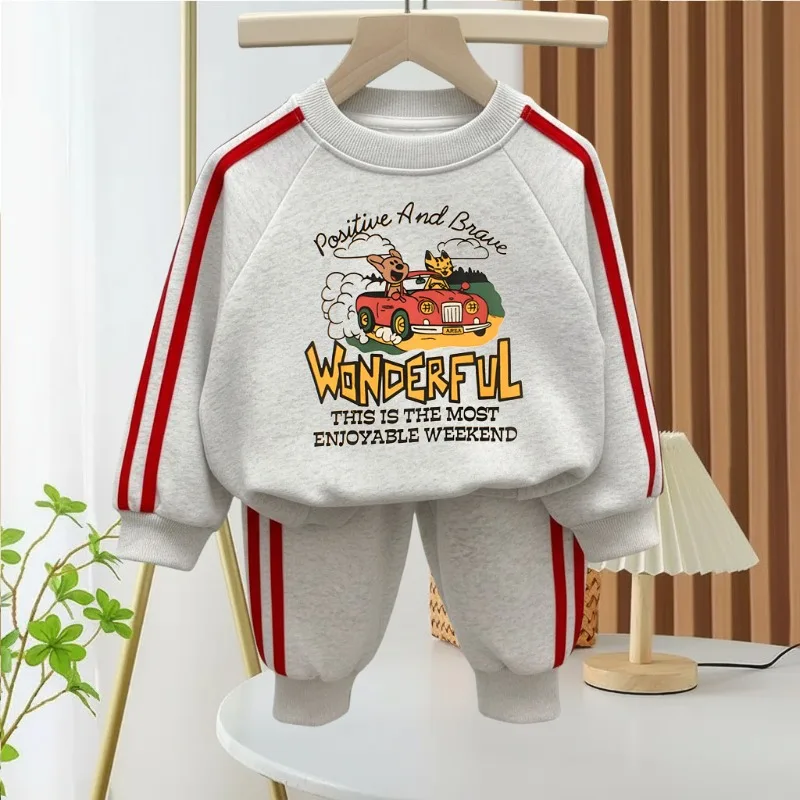 2026 Spring Boys Side Stripe Long Pant Sets Kids Casual Sweatshirts Sets Children O Neck Hoodies Trousers Two Piece Tracksuits