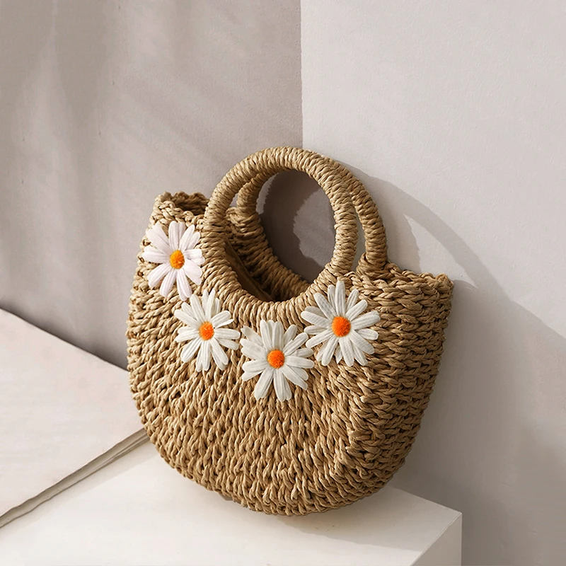 Sac À Main Tissé Rond En Paille Avec Gland Pour Femme, Sac À Bandoulière De Crochet De Coton