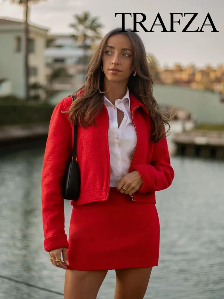 

TRAFZA 2024 Fashion Autumn Women Red Casual 2 Pieces Set Slim Skirt Single Breasted Turn Down Collar Coats Office Lady Blazer