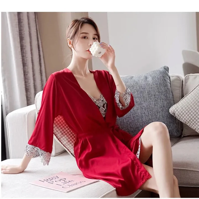 

Spring Summer New Sling Pajamas Silk Pajama Set Women's Lace Satin Pajama Set V-Neck Pajamas Home Pajamas Nightdress