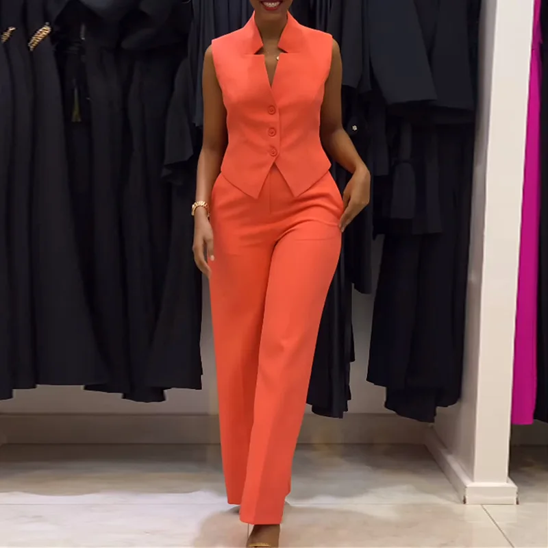 Women's 2024 summer new fashion stand-up collar sleeveless vest high waist trousers casual suit