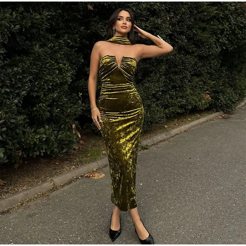 Elegant Halter Velvet Midi Dresses Women Backless Pleated Zipper Green Party Dress Female 2025 Spring Summer Lady Slim Fit Robes
