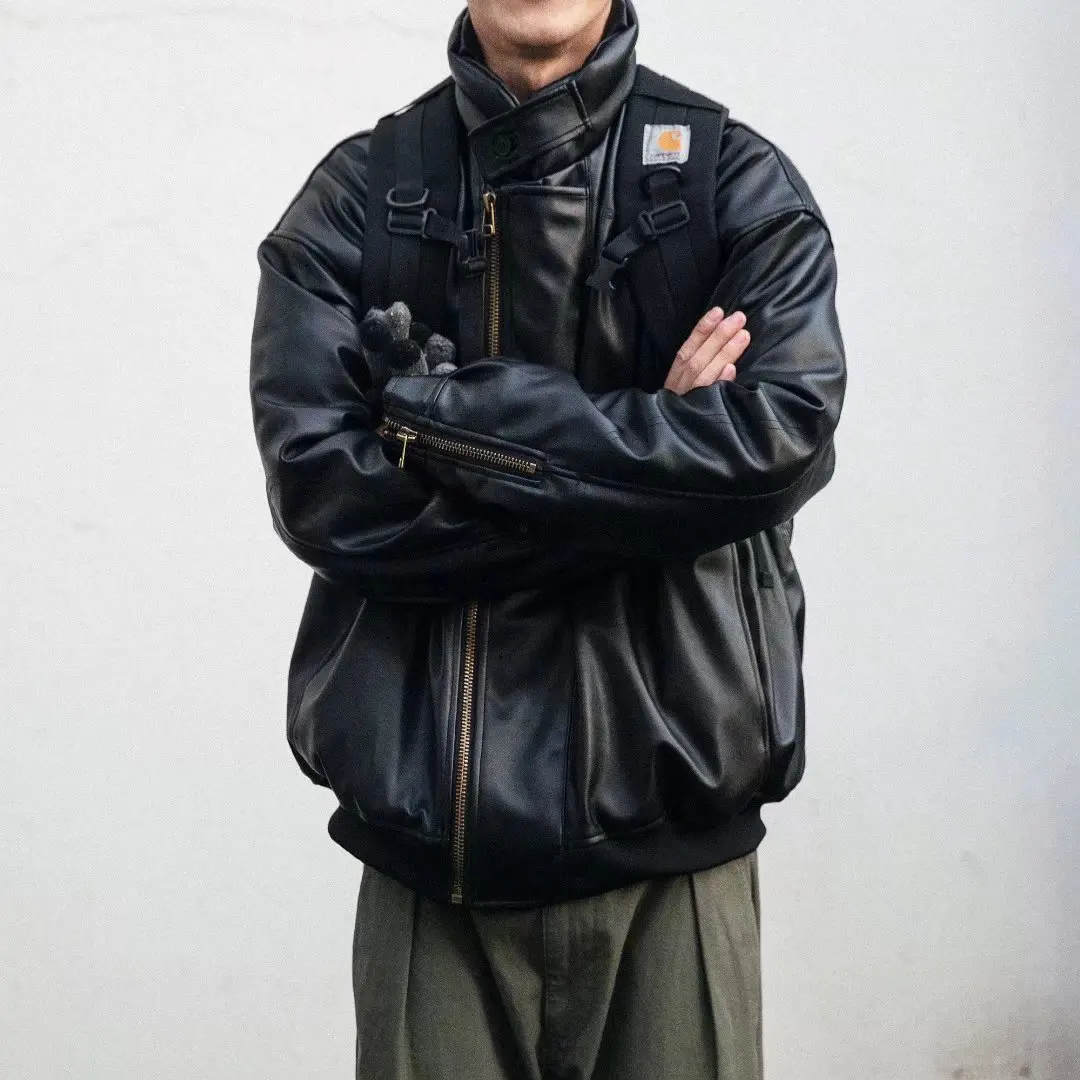

Новинка MRMT 2024, Мужское пальто в японском стиле с воротником-стойкой, мотоциклетное кожаное мужское свободное ветрозащитное теплое толстое пальто в Корейском стиле