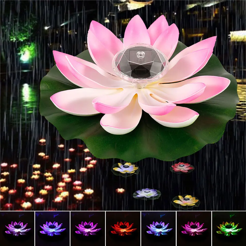 LED Floating Lotus Light Solar Powered Lotus Lamp with 7 Colors RGB Waterproof Water Floating Night Lamp for Garden Pool Party
