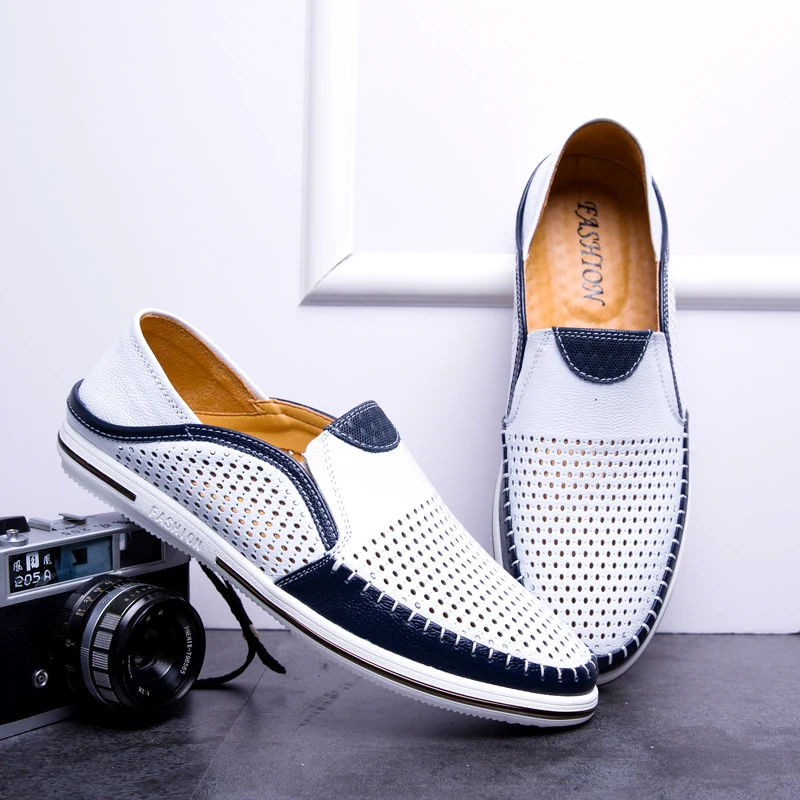 Summer Men Casual Leather Flat Designer New Fashion Hollow Out Breathable Boat Shoes Italian Brand Outdoor Driving_vogvips.com
