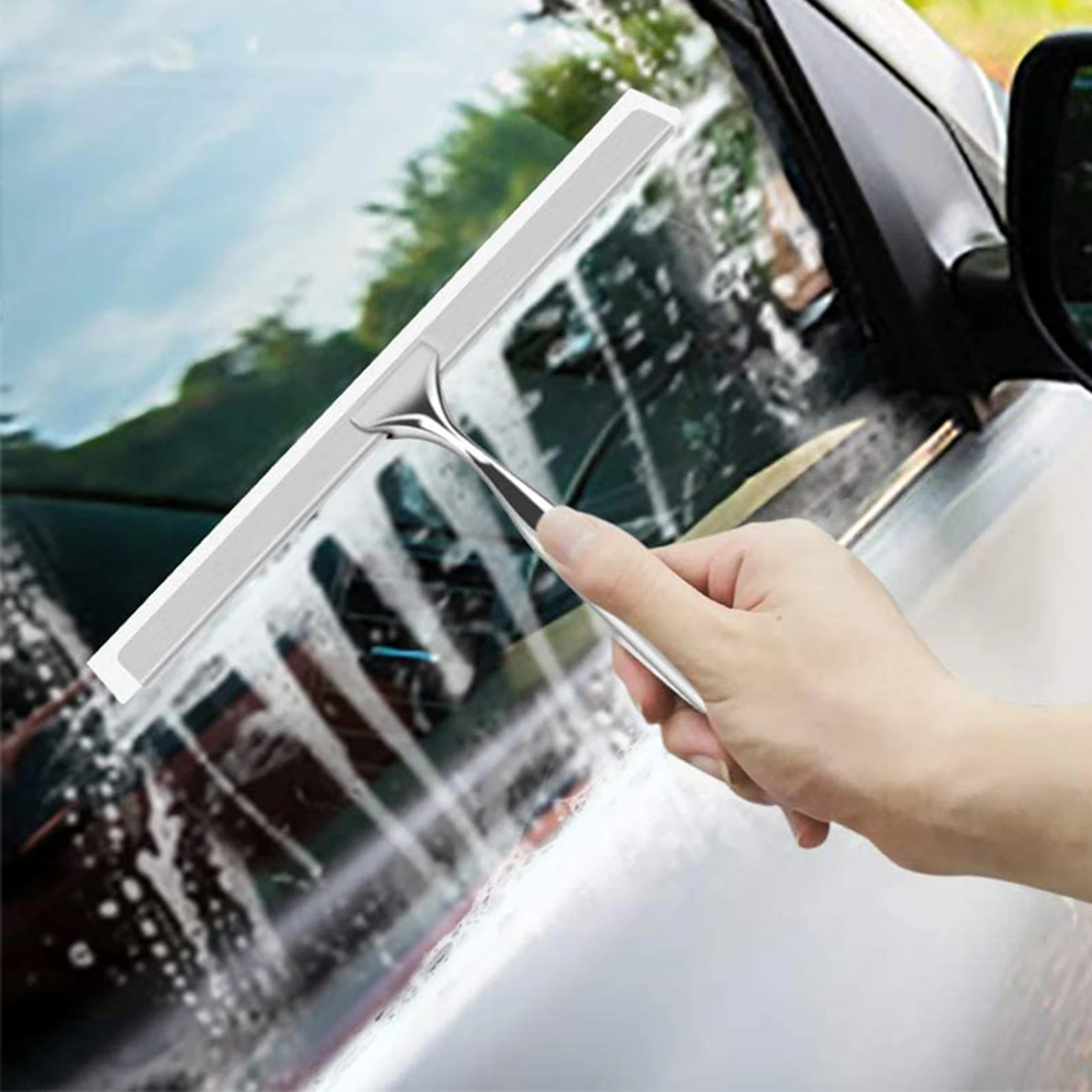Glass Wiper with Hook Holder Stainless Steel Squeegee for Bathroom Sink Home Handheld Glass Window Cleaning Squeegee Wiper 4