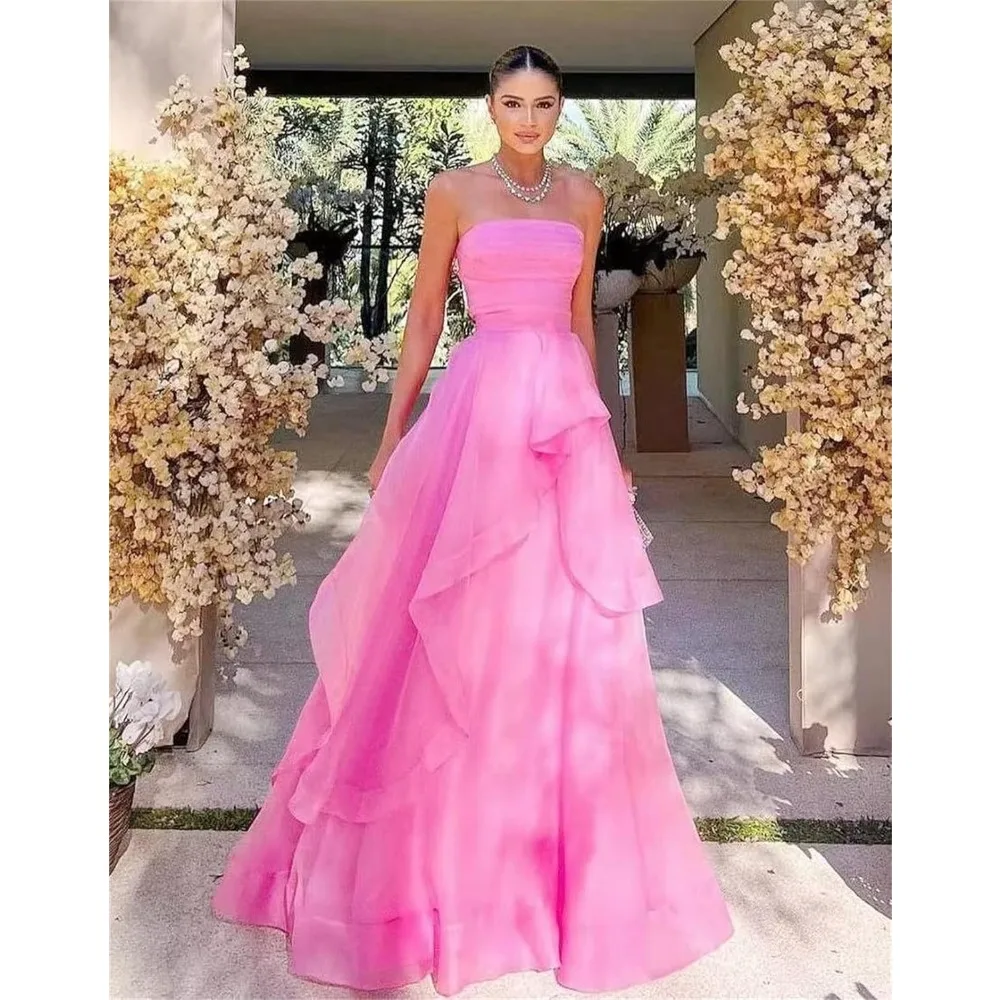 

Wakuta Strapless Layered Ruffles Tulle Formal Prom Dresses 2024 Long A-Line Pleated Tube Evening Party Gown for Women