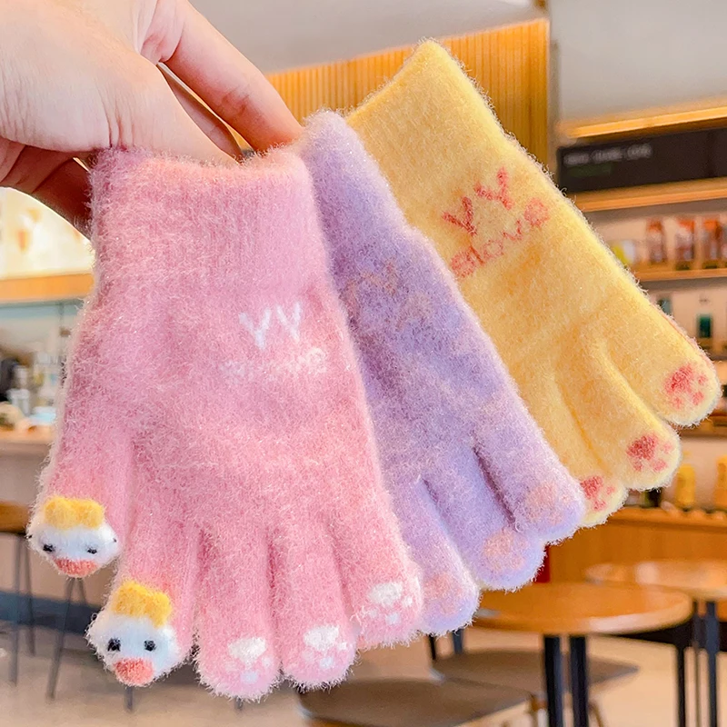 New Children Colors Winter Cute Rabbit Knitting Soft Five Finger Gloves Boys Girls Outdoor Warm Gloves Kids Glove Mittens