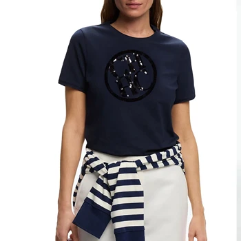 Summr New Women's Tops Short Sleeve O Neck Shirts Casual Temperament Sequin Design Cotton Fashion Female Tops Women Tee Tops 1
